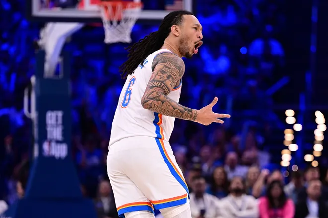 OKLAHOMA CITY, OKLAHOMA - MARCH 7: Jaylin Williams #6 of the Oklahoma City Thunder celebrates a made basket during the second half against the Golden State Warriors at Paycom Center on March 7, 2026 in Oklahoma City, Oklahoma. NOTE TO USER: User expressly acknowledges and agrees that, by downloading and or using this photograph, User is consenting to the terms and conditions of the Getty Images License Agreement. (Photo by Joshua Gateley/Getty Images)