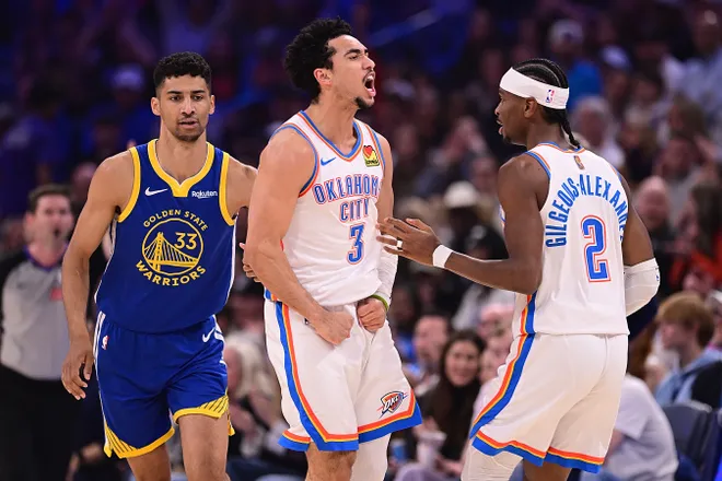 OKLAHOMA CITY, OKLAHOMA - MARCH 7: Jared McCain #3 of the Oklahoma City Thunder celebrates a made basket during the first half against the Golden State Warriors at Paycom Center on March 7, 2026 in Oklahoma City, Oklahoma. NOTE TO USER: User expressly acknowledges and agrees that, by downloading and or using this photograph, User is consenting to the terms and conditions of the Getty Images License Agreement. (Photo by Joshua Gateley/Getty Images)