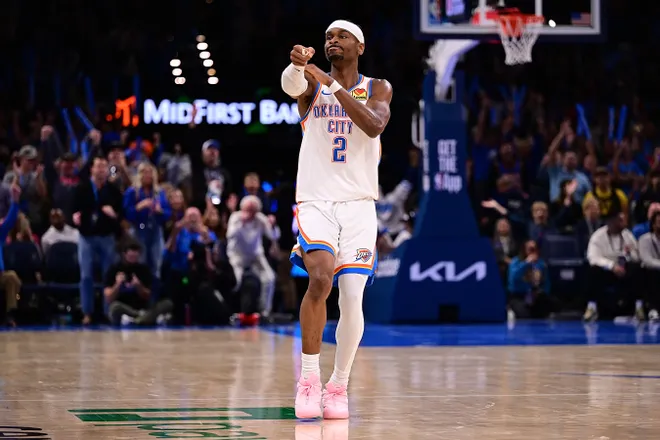 OKLAHOMA CITY, OKLAHOMA - MARCH 7: Shai Gilgeous-Alexander #2 of the Oklahoma City Thunder celebrates a made basket during the second half against the Golden State Warriors at Paycom Center on March 7, 2026 in Oklahoma City, Oklahoma. NOTE TO USER: User expressly acknowledges and agrees that, by downloading and or using this photograph, User is consenting to the terms and conditions of the Getty Images License Agreement. (Photo by Joshua Gateley/Getty Images)