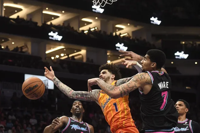 Mar 6, 2026; Charlotte, North Carolina, USA; Charlotte Hornets guard LaMelo Ball (1) drives in against Miami Heat center Kel’el Ware (7) during the second half at the Spectrum Center.