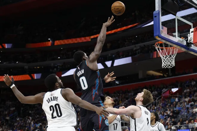 Mar 7, 2026; Detroit, Michigan, USA; Detroit Pistons center Jalen Duren (0) shoots in the second half against the Brooklyn Nets at Little Caesars Arena.