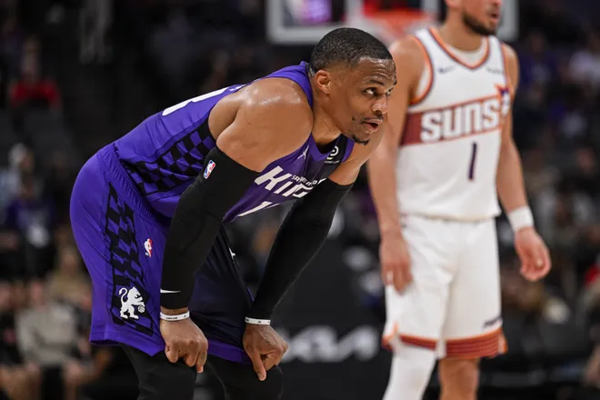 Mar 3, 2026; Sacramento, California, USA; Sacramento Kings guard Russell Westbrook (18) looks on during the second quarter against the Phoenix Suns at Golden 1 Center. Mandatory Credit: Justine Willard-Imagn Images