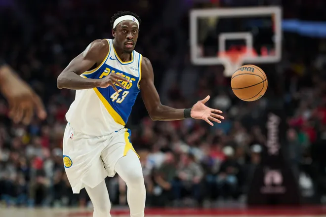 Mar 8, 2026; Portland, Oregon, USA; Indiana Pacers forward Pascal Siakam (43) passes the ball during the first half against the Portland Trail Blazers at Moda Center. Mandatory Credit: Troy Wayrynen-Imagn Images