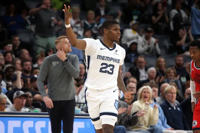 Mar 7, 2026; Memphis, Tennessee, USA; Memphis Grizzlies forward Cedric Coward (23) reacts during the fourth quarter against the Los Angeles Clippers at FedExForum. Mandatory Credit: Petre Thomas-Imagn Images