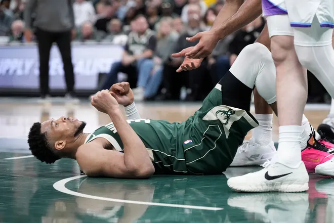 Mar 7, 2026; Milwaukee, Wisconsin, USA; Milwaukee Bucks forward Giannis Antetokounmpo (34) goes down to the floor in the second half against the Utah Jazz at Fiserv Forum. Mandatory Credit: Michael McLoone-Imagn Images
