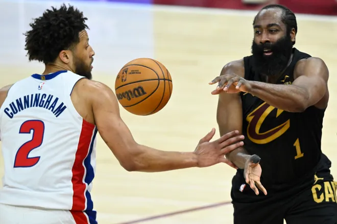 Mar 3, 2026; Cleveland, Ohio, USA; Cleveland Cavaliers guard James Harden (1) throws a pass beside Detroit Pistons guard Cade Cunningham (2) in the fourth quarter at Rocket Arena. Mandatory Credit: David Richard-Imagn Images