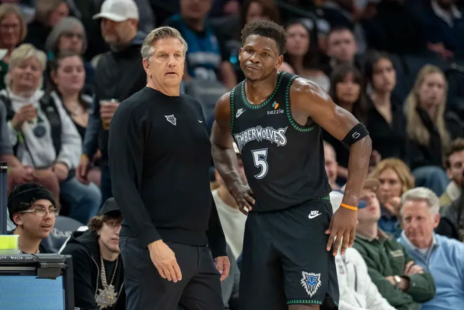 Mar 3, 2026; Minneapolis, Minnesota, USA; Minnesota Timberwolves head coach Chris Finch and guard Anthony Edwards (5) in the second half against the Memphis Grizzlies at Target Center. Mandatory Credit: Jesse Johnson-Imagn Images