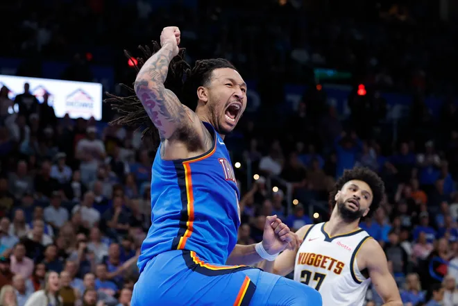 Mar 9, 2026; Oklahoma City, Oklahoma, USA; Oklahoma City Thunder forward Jaylin Williams (6) celebrates after dunking against the Denver Nuggets during the second half at Paycom Center. Mandatory Credit: Alonzo Adams-Imagn Images