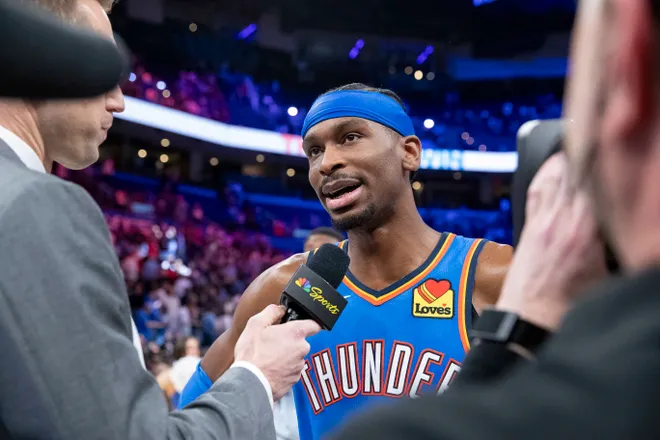 Mar 9, 2026; Oklahoma City, Oklahoma, USA; Oklahoma City Thunder guard Shai Gilgeous-Alexander (2) talks to the tv media after defeating the Denver Nuggets during the second half at Paycom Center. Mandatory Credit: Alonzo Adams-Imagn Images
