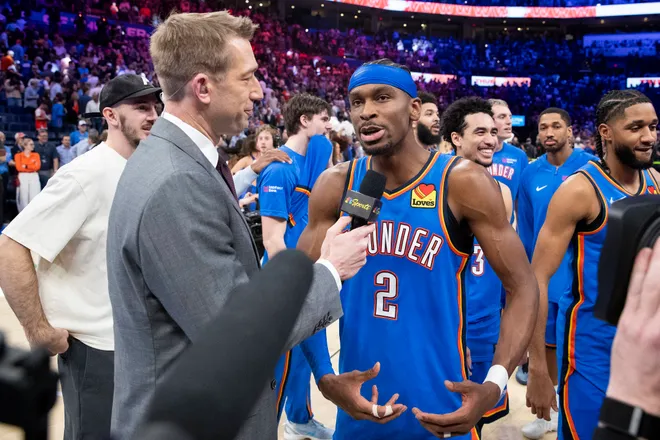 Mar 9, 2026; Oklahoma City, Oklahoma, USA; Oklahoma City Thunder guard Shai Gilgeous-Alexander (2) talks to the tv media after defeating the Denver Nuggets during the second half at Paycom Center. Mandatory Credit: Alonzo Adams-Imagn Images
