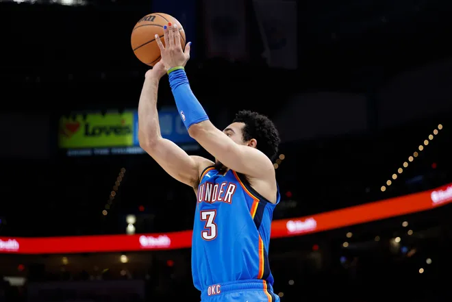 Mar 9, 2026; Oklahoma City, Oklahoma, USA; Oklahoma City Thunder guard Jared McCain (3) shoots a three point basket against the Denver Nuggets during the second half at Paycom Center. Mandatory Credit: Alonzo Adams-Imagn Images