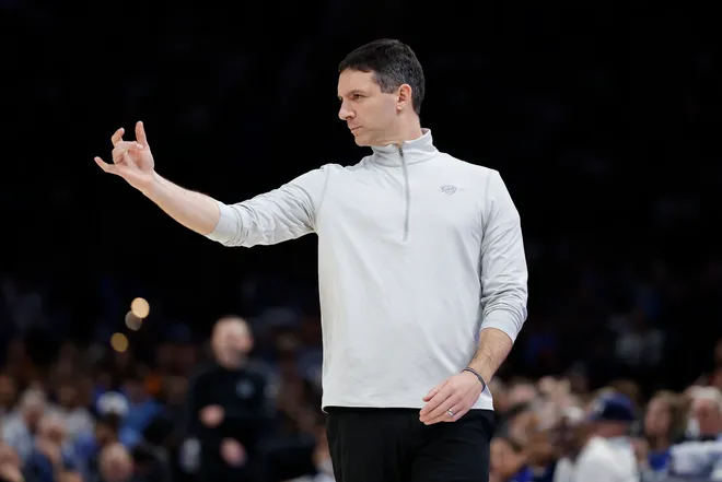 Mar 9, 2026; Oklahoma City, Oklahoma, USA; Oklahoma City Thunder Head Coach Mark Daigneault gestures to his team during a play against the Denver Nuggets during the second half at Paycom Center. Mandatory Credit: Alonzo Adams-Imagn Images