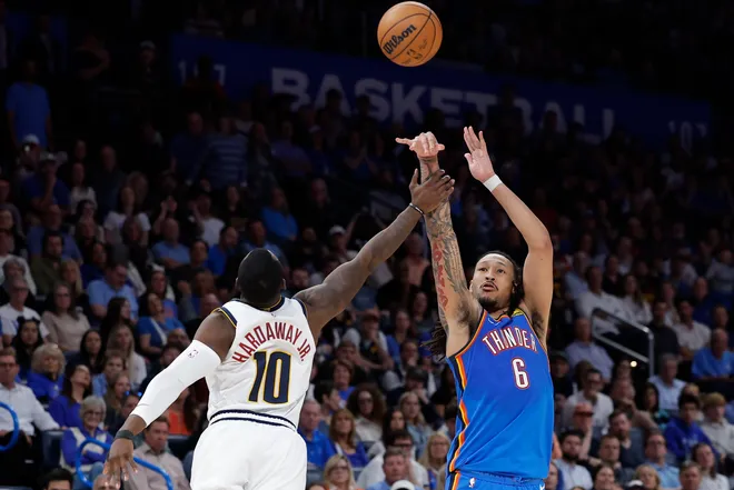 Mar 9, 2026; Oklahoma City, Oklahoma, USA; Oklahoma City Thunder forward Jaylin Williams (6) is fouled by Denver Nuggets guard/forward Tim Hardaway Jr. (10) as he shoots during the second half at Paycom Center. Mandatory Credit: Alonzo Adams-Imagn Images