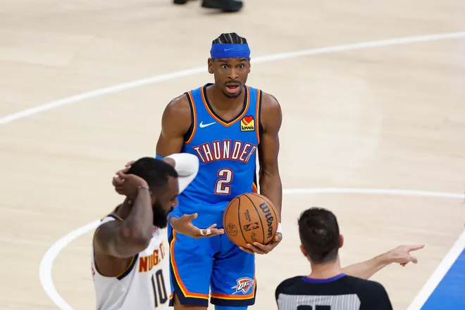 Mar 9, 2026; Oklahoma City, Oklahoma, USA; Oklahoma City Thunder guard Shai Gilgeous-Alexander (2) reacts after a call against him after a play against the Denver Nuggets during the second half at Paycom Center. Mandatory Credit: Alonzo Adams-Imagn Images