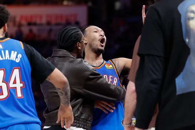 Mar 9, 2026; Oklahoma City, Oklahoma, USA; Oklahoma City Thunder forward Jaylin Williams (6) celebrates with Oklahoma City Thunder guard/forward Jalen Williams after scoring against the Denver Nuggets during the second half at Paycom Center. Mandatory Credit: Alonzo Adams-Imagn Images