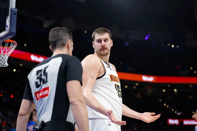 Mar 9, 2026; Oklahoma City, Oklahoma, USA; Denver Nuggets center Nikola Jokić (15) reacts towards an official after a play against the Oklahoma City Thunder during the second quarter at Paycom Center. Mandatory Credit: Alonzo Adams-Imagn Images