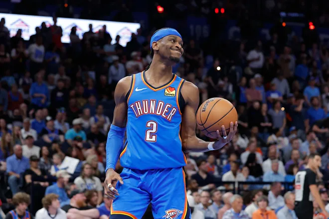Mar 9, 2026; Oklahoma City, Oklahoma, USA; Oklahoma City Thunder guard Shai Gilgeous-Alexander (2) reacts after the Denver Nuggets score during the second quarter at Paycom Center. Mandatory Credit: Alonzo Adams-Imagn Images