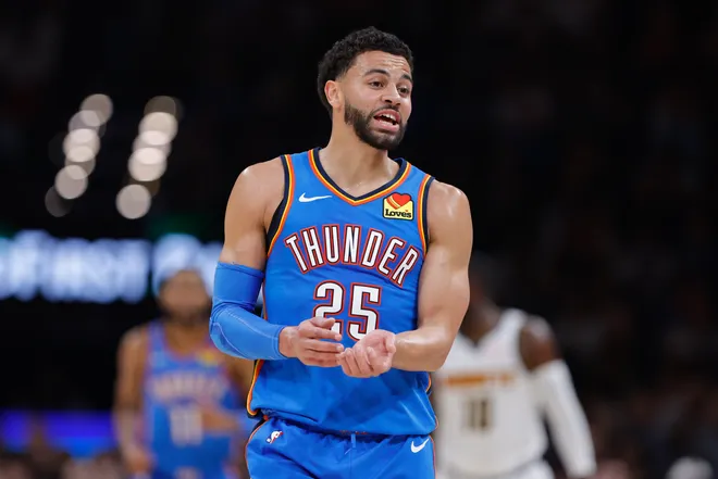 Mar 9, 2026; Oklahoma City, Oklahoma, USA; Oklahoma City Thunder guard Ajay Mitchell (25) talks to the bench after a play against the Denver Nuggets during the second quarter at Paycom Center. Mandatory Credit: Alonzo Adams-Imagn Images
