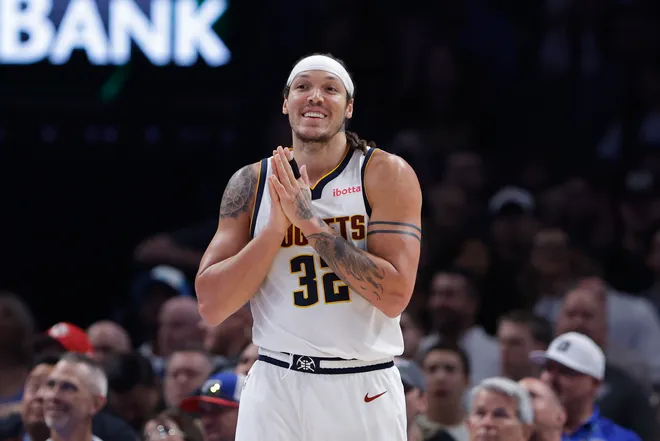 Mar 9, 2026; Oklahoma City, Oklahoma, USA; Denver Nuggets forward Aaron Gordon (32) reacts after a play against the Oklahoma City Thunder during the second quarter at Paycom Center. Mandatory Credit: Alonzo Adams-Imagn Images