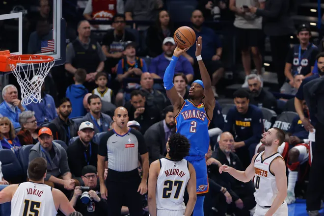Mar 9, 2026; Oklahoma City, Oklahoma, USA; Oklahoma City Thunder guard Shai Gilgeous-Alexander (2) shoots against the Denver Nuggets during the first quarter at Paycom Center. Mandatory Credit: Alonzo Adams-Imagn Images