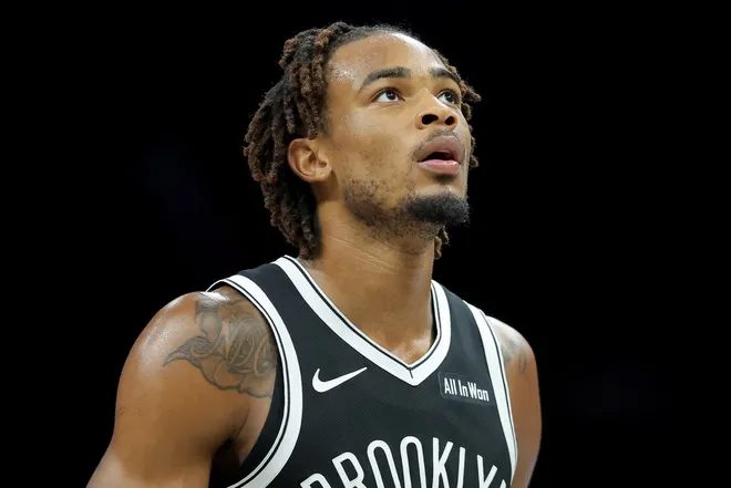 Mar 9, 2026; Brooklyn, New York, USA; Brooklyn Nets center Nic Claxton (33) reacts during the second quarter against the Memphis Grizzlies at Barclays Center.