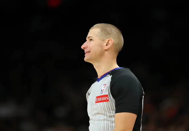 Nov 10, 2025; Phoenix, Arizona, USA; NBA referee Tyler Ford during the Phoenix Suns game against the New Orleans Pelicans at the Mortgage Matchup Center. Mandatory Credit: Mark J. Rebilas-Imagn Images