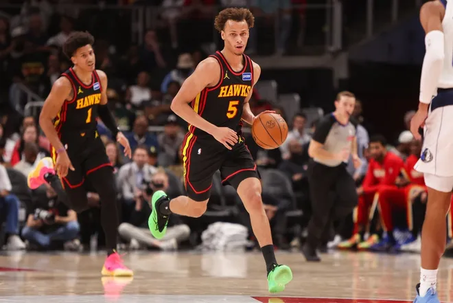 Mar 10, 2026; Atlanta, Georgia, USA; Atlanta Hawks guard Dyson Daniels (5) dribbles against the Dallas Mavericks in the third quarter at State Farm Arena.