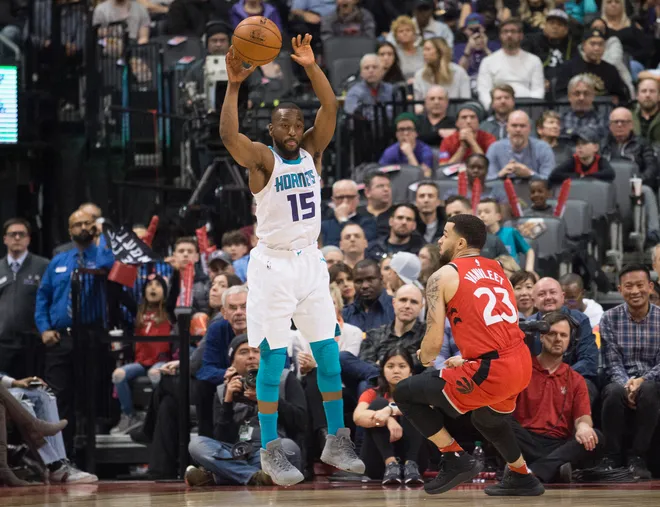 Charlotte Hornets guard Kemba Walker controls the ball against Toronto Raptors guard Fred VanVleet.