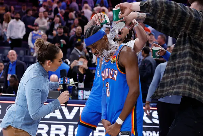 Mar 12, 2026; Oklahoma City, Oklahoma, USA; Oklahoma City Thunder guard Shai Gilgeous-Alexander’s teammate pour water on him at the end of a game against the Boston Celtics during the fourth quarter at Paycom Center. Mandatory Credit: Alonzo Adams-Imagn Images