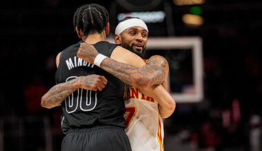 Nets' Josh Minott reacts to scoring career-high 24 points at Hawks