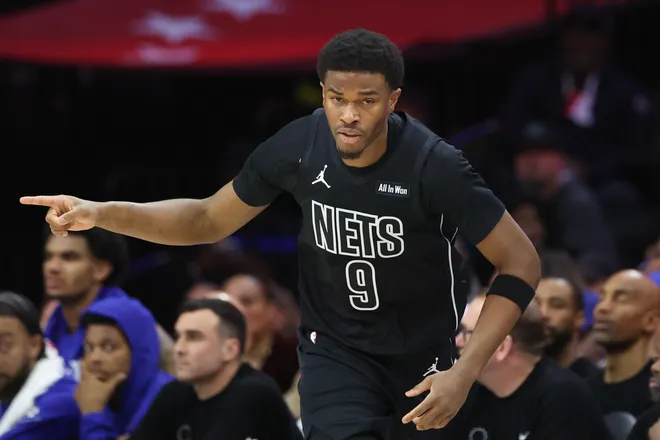 Mar 14, 2026; Philadelphia, Pennsylvania, USA; Brooklyn Nets forward E.J. Liddell (9) react to his score against the Philadelphia 76ers during the fourth quarter at Xfinity Mobile Arena. Mandatory Credit: Bill Streicher-Imagn Images