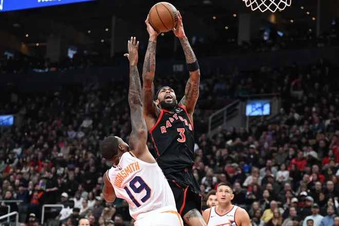 Mar 13, 2026; Toronto, Ontario, CAN; Toronto Raptors forward Brandon Ingram (3) shoots the ball as Phoenix Suns forward Haywood Highsmith (19) defends in the second half at Scotiabank Arena. Mandatory Credit: Dan Hamilton-Imagn Images