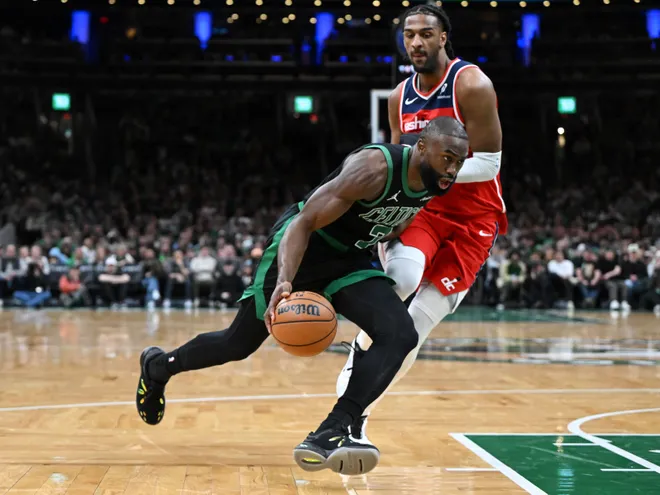 Mar 14, 2026; Boston, Massachusetts, USA; Boston Celtics guard Jaylen Brown (7) drives to the basket against the Washington Wizards during the first half at the TD Garden. Mandatory Credit: Brian Fluharty-Imagn Images