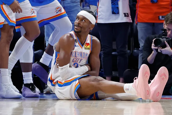 Mar 15, 2026; Oklahoma City, Oklahoma, USA; Oklahoma City Thunder guard Shai Gilgeous-Alexander (2) looks up at his team after scoring against the Minnesota Timberwolves during the second half at Paycom Center. Mandatory Credit: Alonzo Adams-Imagn Images
