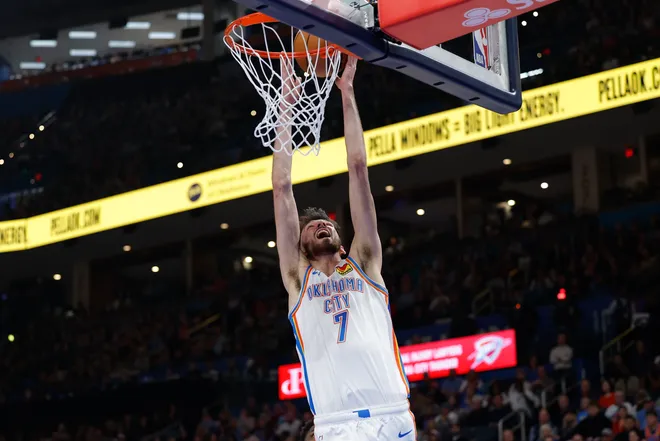 Mar 15, 2026; Oklahoma City, Oklahoma, USA; Oklahoma City Thunder center/forward Chet Holmgren (7) dunks against the Minnesota Timberwolves during the first half at Paycom Center. Mandatory Credit: Alonzo Adams-Imagn Images
