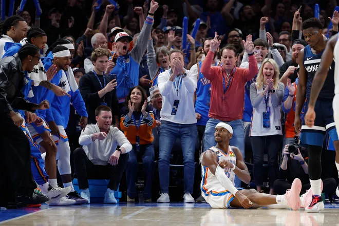 Mar 15, 2026; Oklahoma City, Oklahoma, USA; Oklahoma City Thunder guard Shai Gilgeous-Alexander (2) looks up at his teammates after scoring against the Minnesota Timberwolves during the second half at Paycom Center. Mandatory Credit: Alonzo Adams-Imagn Images