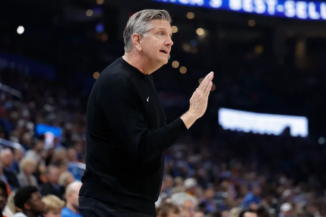 Mar 15, 2026; Oklahoma City, Oklahoma, USA; Minnesota Timberwolves Head Coach Chris Finch gestures to his team during a play against the Oklahoma City Thunder during the first half at Paycom Center. Mandatory Credit: Alonzo Adams-Imagn Images