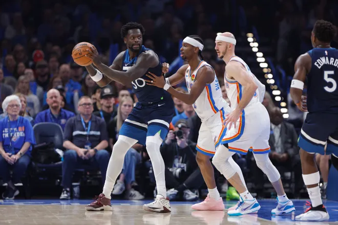 Mar 15, 2026; Oklahoma City, Oklahoma, USA; Minnesota Timberwolves forward/center Julius Randle (30) drives against Oklahoma City Thunder guard Shai Gilgeous-Alexander (2) during the first half at Paycom Center. Mandatory Credit: Alonzo Adams-Imagn Images
