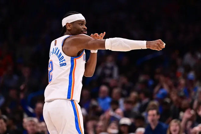 OKLAHOMA CITY, OKLAHOMA - MARCH 15: Shai Gilgeous-Alexander #2 of the Oklahoma City Thunder celebrates a made basket during the second half against the Minnesota Timberwolves at Paycom Center on March 15, 2026 in Oklahoma City, Oklahoma. NOTE TO USER: User expressly acknowledges and agrees that, by downloading and or using this photograph, User is consenting to the terms and conditions of the Getty Images License Agreement. (Photo by Joshua Gateley/Getty Images)