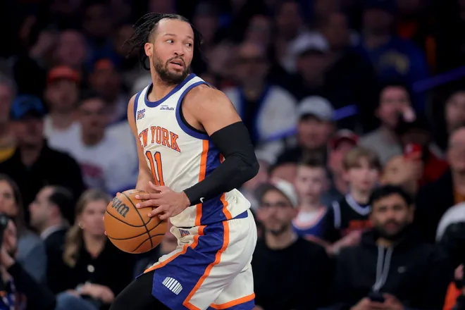 Mar 15, 2026; New York, New York, USA; New York Knicks guard Jalen Brunson (11) controls the ball against the Golden State Warriors during the first quarter at Madison Square Garden. Mandatory Credit: Brad Penner-Imagn Images