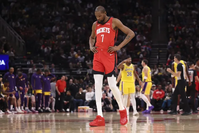 Mar 16, 2026; Houston, Texas, USA; Houston Rockets forward Kevin Durant (7) reacts after a play during the fourth quarter against the Los Angeles Lakers at Toyota Center.