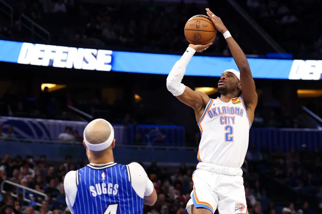 Mar 17, 2026; Orlando, Florida, USA; Oklahoma City Thunder guard Shai Gilgeous-Alexander (2) shoots the ball against the Orlando Magic in the fourth quarter at Kia Center. Mandatory Credit: Nathan Ray Seebeck-Imagn Images