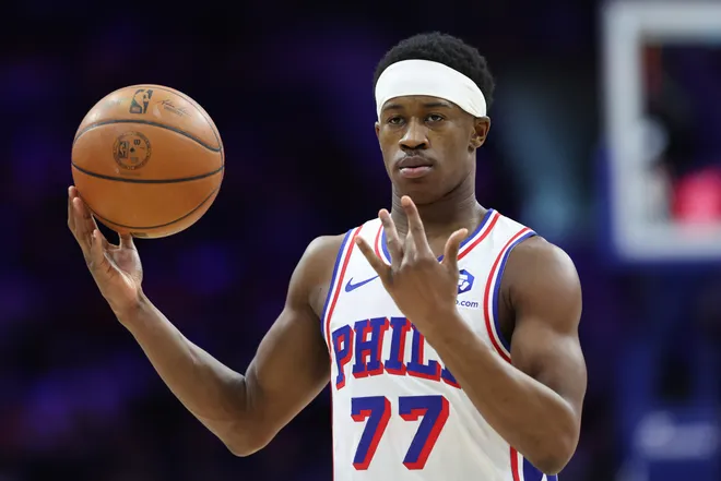 Mar 14, 2026; Philadelphia, Pennsylvania, USA; Philadelphia 76ers guard Vj Edgecombe (77) controls the ball against the Brooklyn Nets during the third quarter at Xfinity Mobile Arena. Mandatory Credit: Bill Streicher-Imagn Images