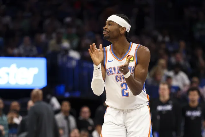 Mar 17, 2026; Orlando, Florida, USA; Oklahoma City Thunder guard Shai Gilgeous-Alexander (2) reacts after making a basket against the Orlando Magic in the fourth quarter at Kia Center.