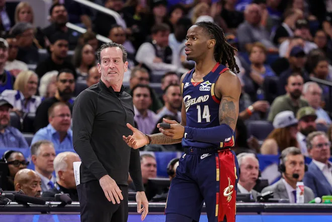 Mar 11, 2026; Orlando, Florida, USA; Cleveland Cavaliers guard Keon Ellis (14) reacts to a call during the second half against the Orlando Magic at Kia Center. Mandatory Credit: Mike Watters-Imagn Images