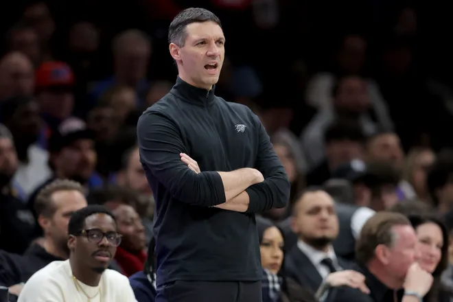 Mar 18, 2026; Brooklyn, New York, USA; Oklahoma City Thunder head coach Mark Daigneault coaches against the Brooklyn Nets during the first quarter at Barclays Center. Mandatory Credit: Brad Penner-Imagn Images