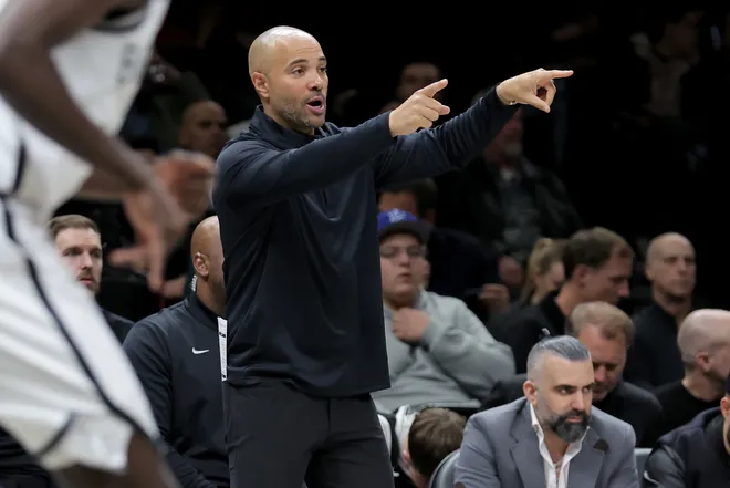 Mar 18, 2026; Brooklyn, New York, USA; Brooklyn Nets head coach Jordi Fernandez coaches against the Oklahoma City Thunder during the first quarter at Barclays Center. Mandatory Credit: Brad Penner-Imagn Images