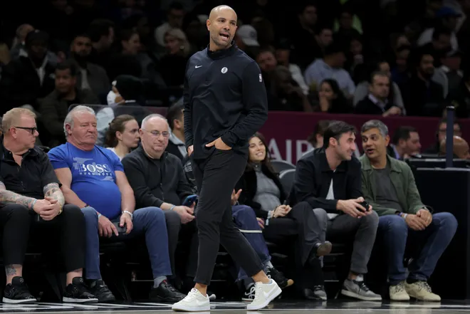 Mar 18, 2026; Brooklyn, New York, USA; Brooklyn Nets head coach Jordi Fernandez coaches against the Oklahoma City Thunder during the first quarter at Barclays Center. Mandatory Credit: Brad Penner-Imagn Images