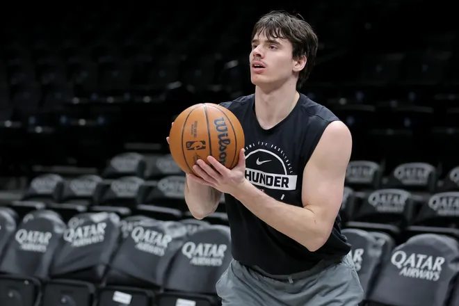 Mar 18, 2026; Brooklyn, New York, USA; Oklahoma City Thunder forward Brooks Barnhizer (23) warms up before a game against the Brooklyn Nets at Barclays Center. Mandatory Credit: Brad Penner-Imagn Images
