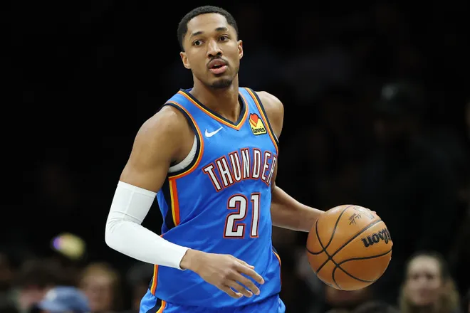 NEW YORK, NEW YORK - MARCH 18: Aaron Wiggins #21 of the Oklahoma City Thunder dribbles during the first half against the Brooklyn Nets at Barclays Center on March 18, 2026 in the Brooklyn borough of New York City. NOTE TO USER: User expressly acknowledges and agrees that, by downloading and or using this photograph, User is consenting to the terms and conditions of the Getty Images License Agreement. (Photo by Sarah Stier/Getty Images)
